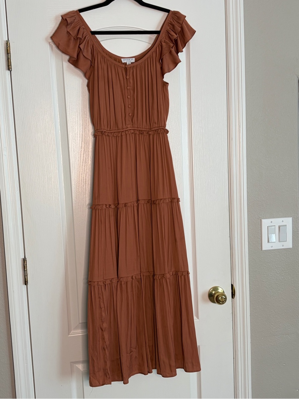 Current Air Terra Cotta Tiered Maxi Dress with Flutter Sleeves and Buttons